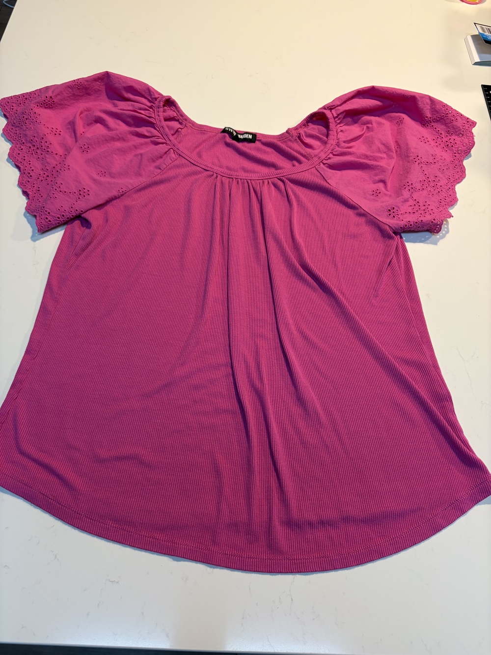 Steve Madden Women's Pink Ribbed Top Size L Eyelet Lace Flutter Sleeve Blouse